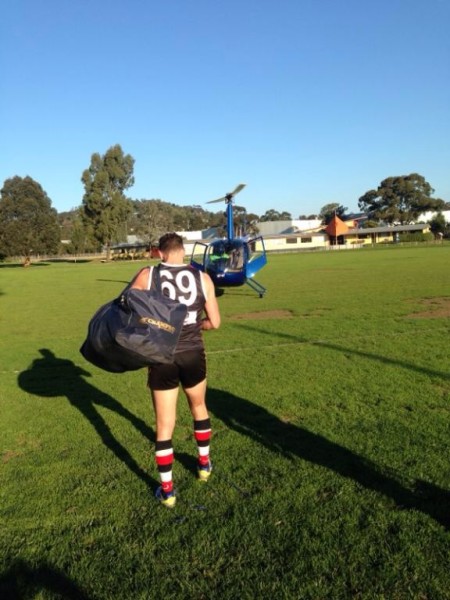 Heath Decker heads for the Helicopter to Bendigo